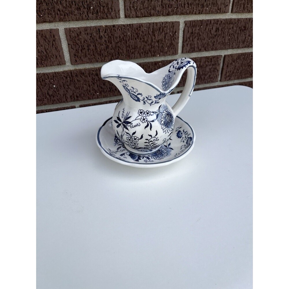 Vintage Miniature Enesco Pitcher w/ Plate Blue and White Floral Pattern